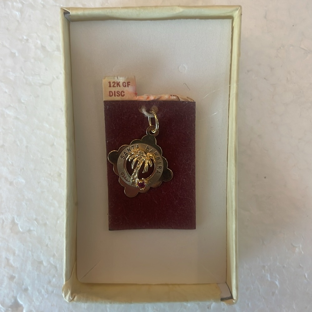 Vintage 80’s 12K Gold Santa Barbara charm palm tree Pendant burgundy stone nwts